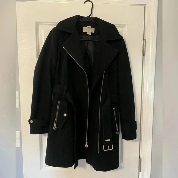 Michael Kors | Black Wool Blend Peacoat Winter Jacket with Gold Zipper | Size S - Picture 2 of 11